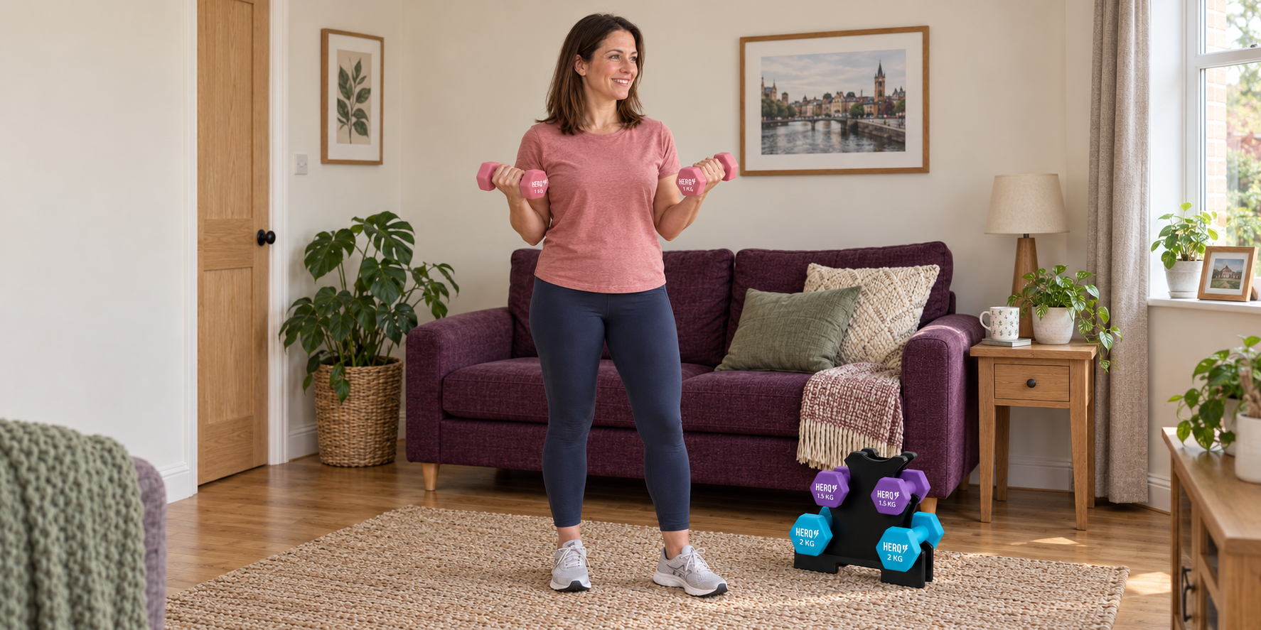Woman using small pink HERQ Pilates dumbbells at home