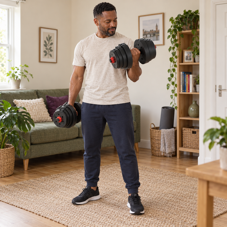 Adjustable Dumbbells in use in an everyday British home or campsite
