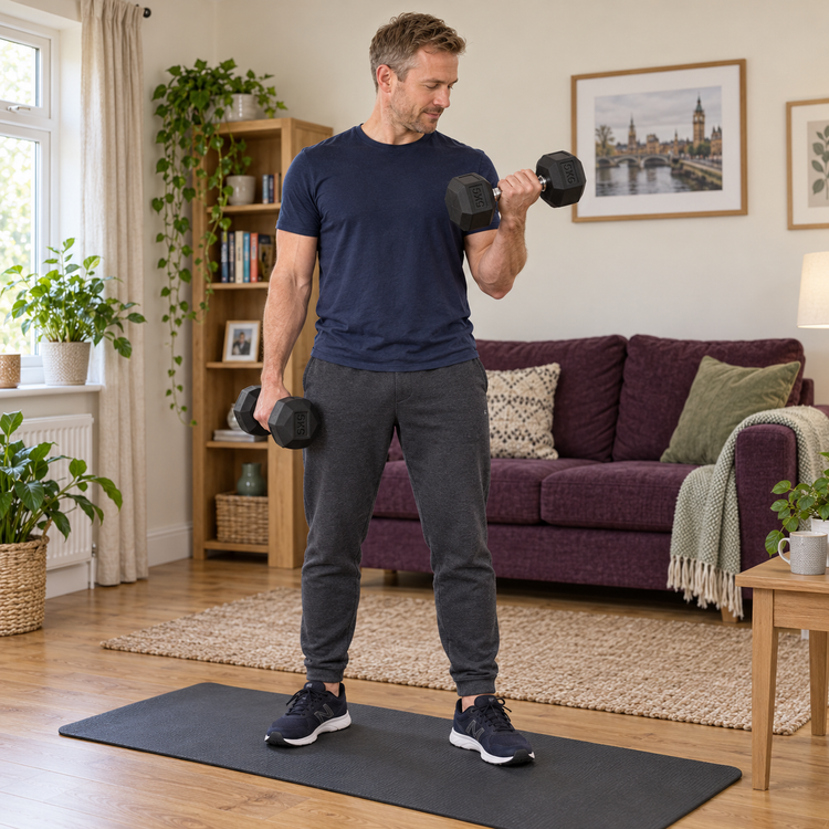 Hex Dumbbells in use in an everyday British home or campsite