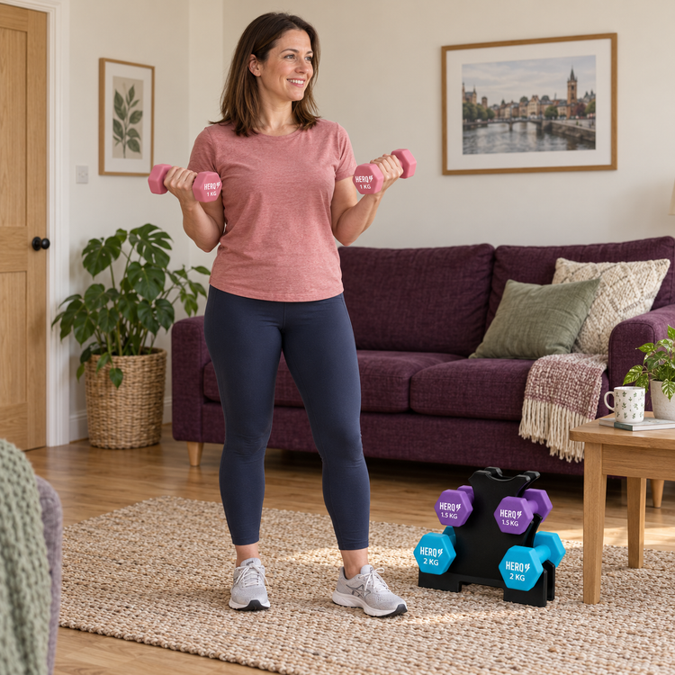 Pilates Dumbbells in use in an everyday British home or campsite