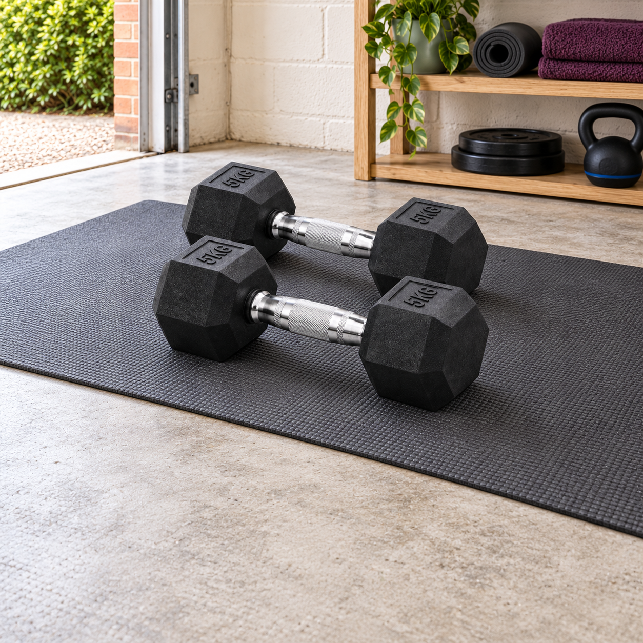 Rubber Hex Dumbbells in a home setting