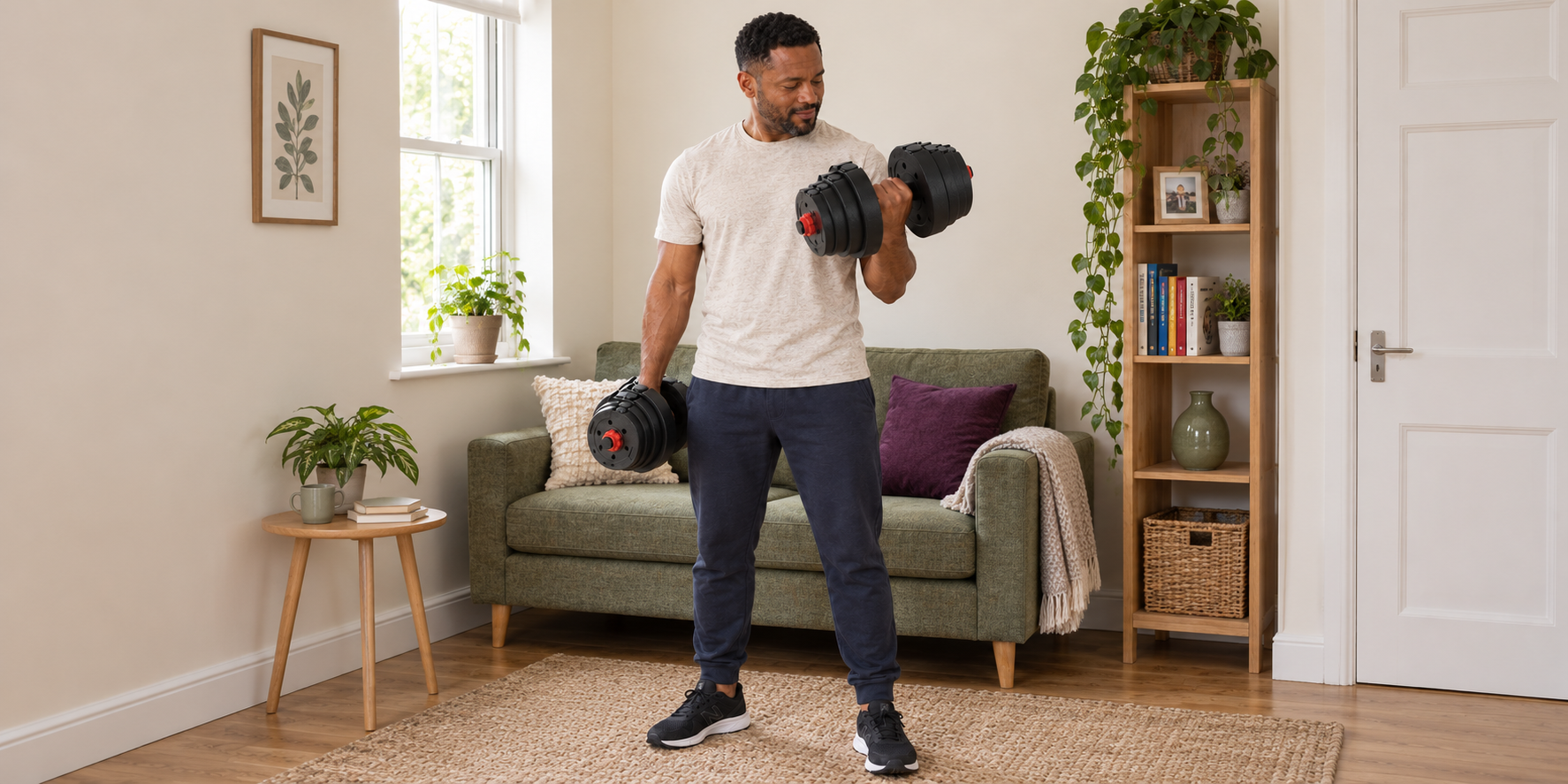 Man using black and red spinlock adjustable dumbbells in a British living room