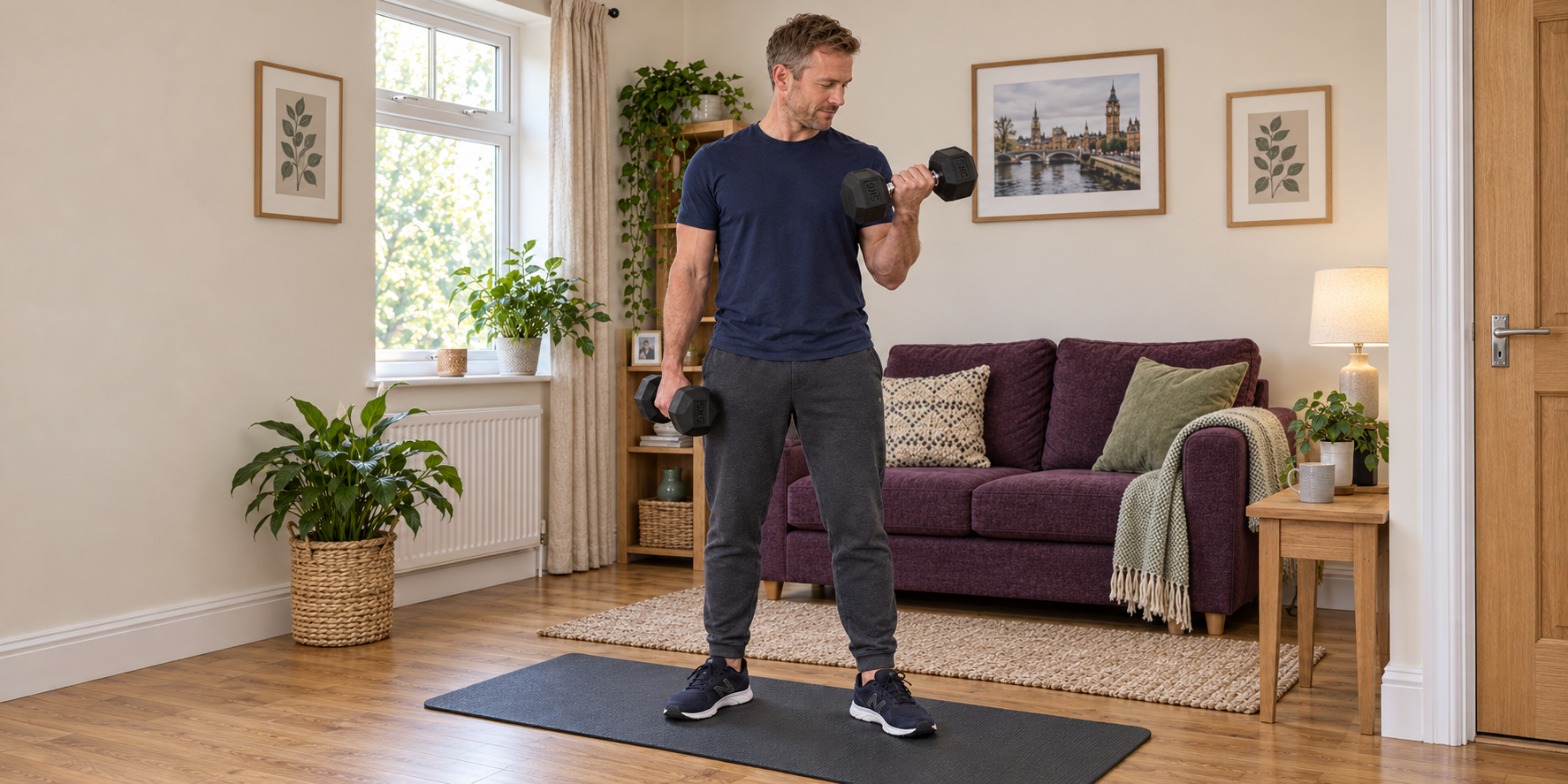Man using rubber hex dumbbells in a modest British living room