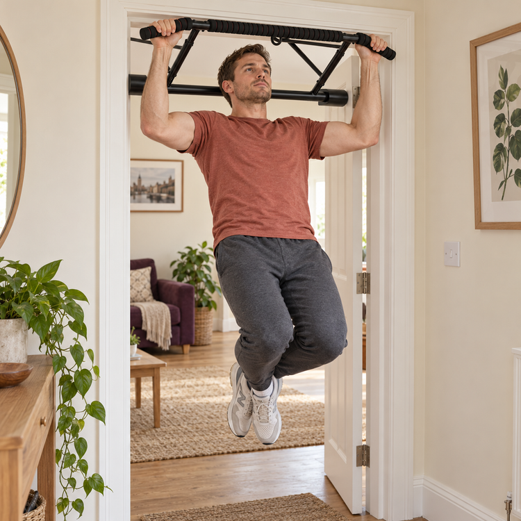 Pull Up Bars in use in an everyday British home or campsite